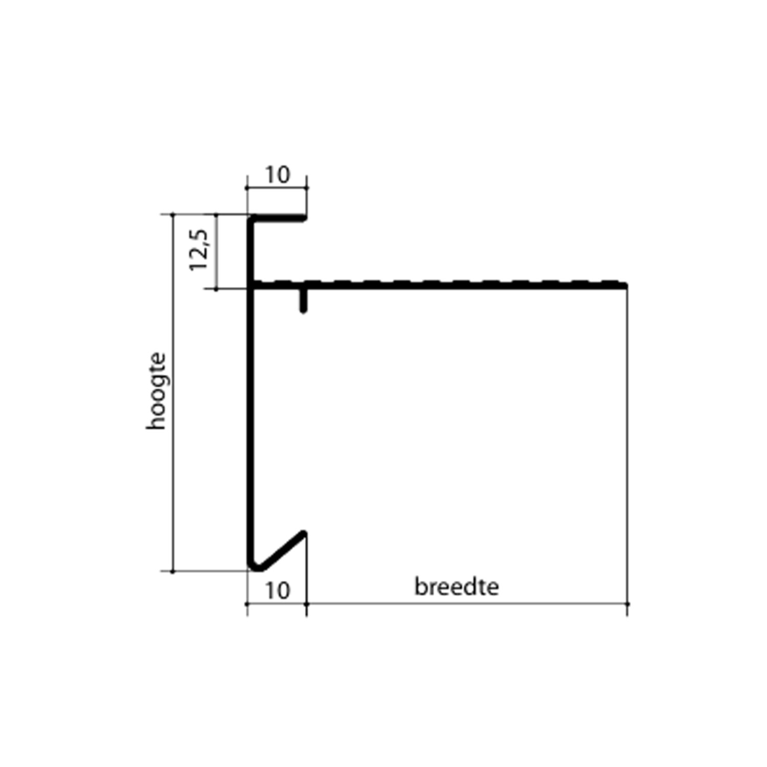 Technische tekening met afmetingen van de daktrim