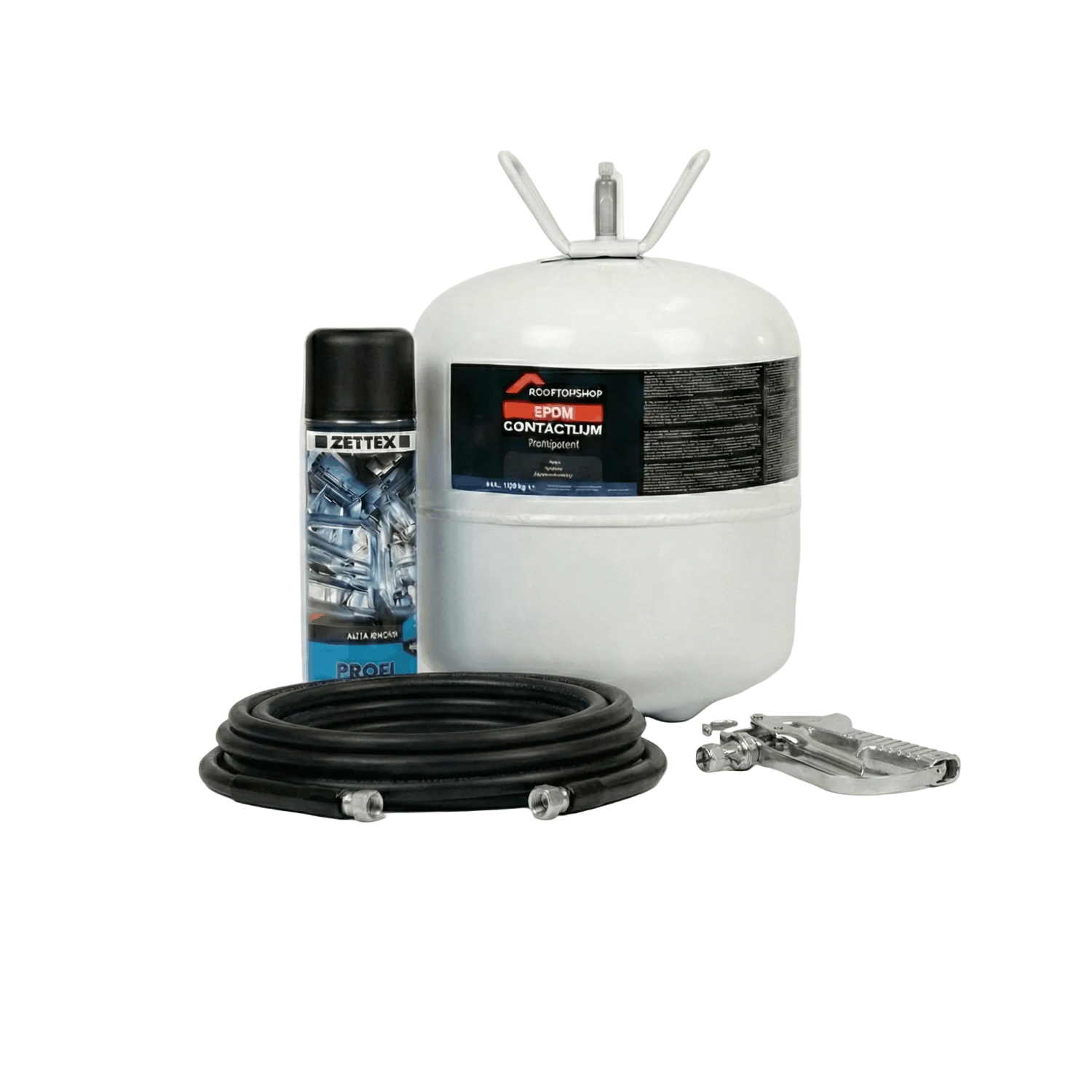 inhoud van het drukvat pakket met korte lans, drukvat, cleaner en spuitslang